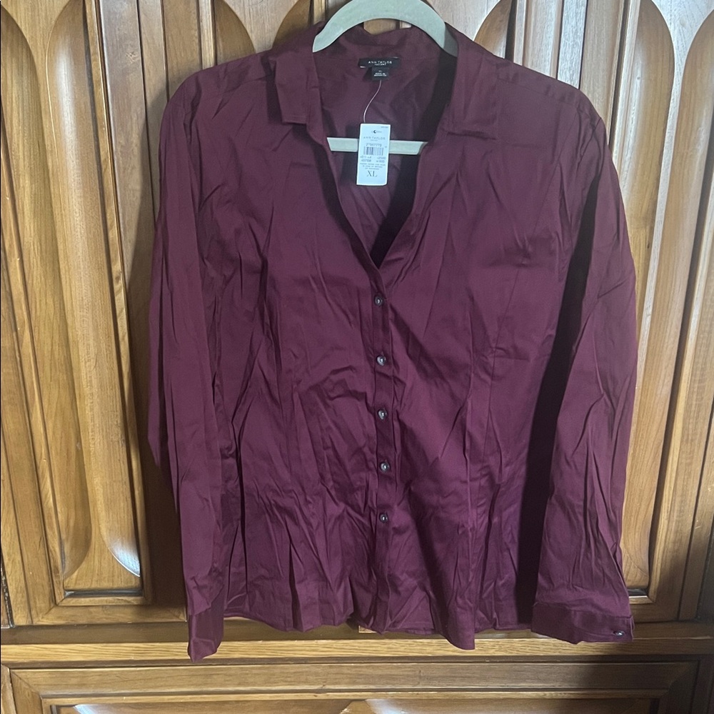 Ann Taylor Deep Red Burgundy Collared V Neck Button Down Shirt NWT